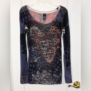 Y2K Guess Tattoo Heart Wing Sheer Knit Long Sleeve Top USA Made Medium